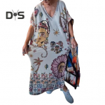 Naiste suvine kleit V kaelusega l&uuml;hikeste varrukatega, avara retrov&auml;rviga, etnilise tr&uuml;kiga pullover, pahkluu pikkusega, igap&auml;evaseks kandmiseks m&otilde;eldud maxi kleit 2XL valge