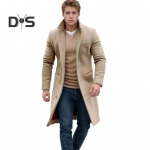 Meeste villane mantel rev, pikkade varrukatega &uuml;herealine taskutega jakk, &uuml;hev&auml;rviline keskmise pikkusega &uuml;ler&otilde;ivad M khaki