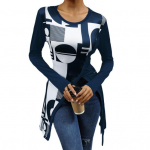 Naiste pluusid &uuml;mara kaelusega pikkade varrukatega geomeetrilise mustriga slim fit T-s&auml;rk S must