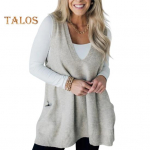 Naiste V-kaelusega varrukateta kampsun, &uuml;hev&auml;rviline kudumisvest taskutega, sooniku &auml;&auml;risega, vabas vormis keskmise pikkusega vabaaja kudum S hall