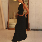Naiste Boho Seksikas Seljata Matching Komplekt 2 Osaline Ranna Puhkuse R&otilde;ivad Vintage Kortsutatud HALTER Cami Topid + Maksipikk Seelik Pidu XL must