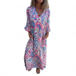 Naiste tr&uuml;kitud maksikleit kevadsuvi V kaelusega Boho p&uuml;hadekleit pikkade varrukatega taskutega kleit igap&auml;evaeluks rannas. XL heleroheline v&auml;rv