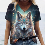 Naiste T-s&auml;rk V-kaelusega l&uuml;hikeste varrukatega T-s&auml;rk 3D Wolf Print T-s&auml;rk naistele Suvine vabaaja Naljakas naiste riided Vintage uus pullover S