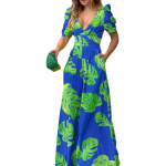Women's Printed V-Neck Waist Short Sleeve Dress L