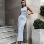 Koo elegantne &otilde;htukleit Naiste k&otilde;rge v&ouml;&ouml;kohaga &otilde;huke varrukateta Bodycon Maxi Tank-kleit Femme Prantsusmaa peokleit k&otilde;rge kaelusega soliidsed kootud kleidid, naine S taevasinine v&auml;rv