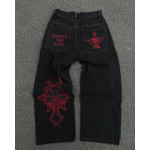 Y2K Teksad Meeste Hip Hop Retro Skull Tikand Pestud Kottis Denimp&uuml;ksid Uued sirged vabaaja Laia s&auml;&auml;rega p&uuml;ksid T&auml;navar&otilde;ivad XL punane