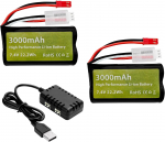 2x 7,4V 3000mAh 15C 2S Li-ioonaku JST-2P pistikuga ja 2-&uuml;hes laadija &ndash; UDIRC UD1601 UD1602 SG1603 RC-auto 1/10 1/12 1/16 skaala veoauto jaoks must