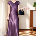 Elegantne satiinist l&uuml;hikeste varrukatega merineitsi kleit salendav suvine prantsuse stiilis kvaliteetne pikk kleit 4XL lilla