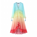 Naiste suvise Boheemlase kleidi tr&uuml;kkimine Gradient Elegantne Maxi Kleit Laiguline Vikerkaarev&auml;rviline Peokleit Volangidega Sweet Vestidos L