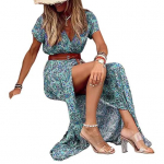 Suvine puhkusekleit v&ouml;&ouml;ga, V-kaelus, l&uuml;hikesed varrukad, kitsas v&ouml;&ouml;koht, rannamaksi kleit, lilleprindiga, l&otilde;hikuga &auml;&auml;ris, boheemlaslik kleit XXL pruun