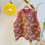 Roosa roheline mood korea stiilis roosa virsiku&otilde;ieline kootud vest Naiste mood lilltikandid kampsun vest O kaelusega pullover kudum one size must