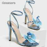 Naiste lillelised kontsad Ristuv pahkluu rihm Ruudukujuline nina Stiletto kontsaga sandaalid Daamide peokleit Kingad Zapatos De Mujer Sinine Suurus 35 35 sinine