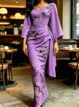 Naiste lilla kirsipuu&otilde;ite tr&uuml;kiga maksikleit kimono varrukatega V-kaelusega kortsutatud v&ouml;&ouml;koht kehasse liibuv elegantne kleit L pink