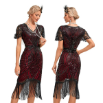 Naiste Flapper Kleit 1920ndad V-kaelus Helmetega &Auml;&auml;ristatud Suur Gatsby Kleit L&uuml;hikeste Varrukatega Vintage Flapper Kleit S punane