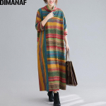 DIMANAF s&uuml;gistalvine pikkade varrukatega kleit Oversize kilpkonnaga triibuline puuvillane paks vintage naiste avar maksikleit naisteriided One Size roheline