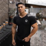 Tehke t&ouml;&ouml;d Kootud j&otilde;usaal Sport Mehed Fitness V kaelus Slim Fit tr&uuml;kitud kulturismi treening Suvine mood l&uuml;hikeste varrukatega T-s&auml;rk M must