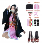 T&auml;iskasvanud naised Anime deemonite tapja Kamado Nezuko Cosplay parukas pikk lokkis kost&uuml;&uuml;m kimono kost&uuml;&uuml;m riided lapsed t&uuml;drukud 110cm