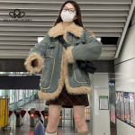 Sinine teksariidest karusnahast kraega jakk Naiste s&uuml;gis- ja talvine vintage puuvillane paksendatud T&auml;iesti sobiv lahtine pikkade varrukatega jakk M sinine