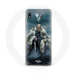 &Uuml;mbris Samsung Galaxy A10 Vikings Series 6. hooaja jaoks Ragnar Lothbroki logo V M&otilde;&otilde;k, hall h&auml;gune taust