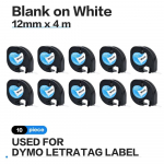 10PCS 12mm LetraTag LT91201 Label Tape Plastic 91201 Black on White for Dymo letra tag Machine LT-100H, LT-110T, QX 50 Printer 12mm