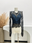 2024 Blusas Mujer De Moda Seksikad pitsist pluusid naistele V kaelusega pikkade varrukatega s&auml;rgid Crop Tops Temperament Korea &scaron;ikk vintage pluus S sinine