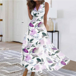 Naiste pikk kleit Maxi kleit vabaaja kleit Suvine vabaaja varrukateta V-kaelusega Boho v&ouml;&ouml;koha tagasit&otilde;mbega kleit tr&uuml;kiga L beež