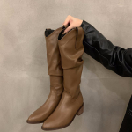 mood Retro Stiil Naised Western Cowgirl Saapad Mood Slip On Kingad S&uuml;gis Talv Ruut Madala Kontsaga Naiste ratsu pikad papud 35 pruun