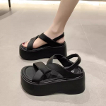 mood 8cm k&otilde;rge platvormiga sandaalid naistele kiilkontsaga k&otilde;rged kontsad nahast kingad naine uus suvi paksud sandaalid rannasussid Zapatos Mujer 34 must