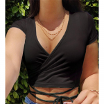 YYFS Naiste mood vabaaja suvekevadine &uuml;hev&auml;rvilise tr&uuml;kiga l&uuml;hikeste varrukatega V-kaelusega pluusid ja s&auml;rgid S must