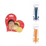 Kit pour biscuit en relief Coeur + 2 Stylos au chocolat bleu nuit et orange