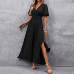 Naiste moodne &uuml;hev&auml;rviline V kaelus, temperament Elegantne l&uuml;hikeste varrukatega v&ouml;&ouml;kohaga seotud k&otilde;rge l&otilde;hega pikk kleit M must