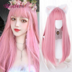 S&uuml;nteetiline Pikk Sirge Roosa Parukas Naiste Cosplay Parukas Tukkidega Kuumakindel Kiud Igap&auml;evane Pidu Vale Juuksed
