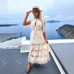 Valge pitsiga &otilde;mblustega v&auml;ljal&otilde;igetega pikk kleit naistele suvine tikandiga maksikleit vintage varrukateta k&otilde;rge v&ouml;&ouml;kohaga s&auml;rk kleit femme L aprikoosi