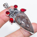 Natural Mud Crack Fossil, Garnet 925 Sterling Silver Jewelry Pendant 2.56 w0g38