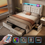 Voodi 140x200 - MUVOE - Beež - LED-peatsi - 4 sahtlit - USB C hall