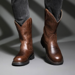 Meeste keskpikad saapad Vintage tikandega L&auml;&auml;ne-cowboy saapad Moodsad mootorrattasaapad Luksuslikud keskpikad nahast saapad Botas Hombre 38 pruun