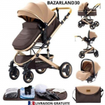 Poussette 3 en 1 - BAZARLAND30 - Marron - R&eacute;versible - Haute qualit&eacute; - Roues increvables