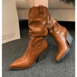 Naiste k&otilde;rged kontsad, keskmise s&auml;&auml;rega volditud saapad, s&uuml;gis-talv, pruunid pu nahast l&auml;&auml;nesaapad, naiselikud paksu kontsaga kauboisaapad, botas mujer 35