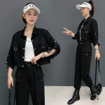 2 TK Streetwear dressipluus Cargo Coat vabaaja p&uuml;ksid 2-osalised komplektid naiste komplektid kevade ja s&uuml;gise Korea moodne Y2k &uuml;likond suures suuruses L must
