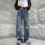 Meeste Mood Prinditud Teksap&uuml;ksid Lilleline Denim P&uuml;hkimisp&uuml;ksid Korea Stiil High Street L&otilde;tv Hip Hop Laia s&auml;&auml;rega Jean P&uuml;ksid S sinine