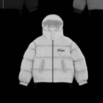 Meeste talvine kapuutsiga puuvillane pufjakk tikitud kirjatr&uuml;kiga, lai l&otilde;ige, streetwear Large valge
