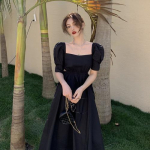 Prantsuse vintage kleit naiste vabaaja puhvis varrukatega &uuml;hes t&uuml;kis kleit Korea gooti sidemega Midi must kleit Naiste &otilde;htupeo &scaron;ikk S must