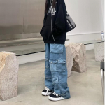 Mitme taskuga sinised pestud kaubap&uuml;ksid Retro High Street mood K&otilde;rge v&ouml;&ouml;kohaga teksad Paar Harajuku Lihtsad vabaaja laiad p&uuml;ksid XXL sinine