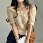 &Otilde;lavaba V-kaelusega silmkoelised s&auml;rgid naistele Suvine &scaron;ikk Solid Slip Puff Sleeve Pluusid Naiste mood kudumid lahtised topid 27183 One Size must