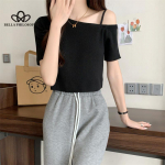 Korea stiilis kaldus kaelusega l&uuml;hike &uuml;hev&auml;rviline T&auml;ielik kootud T-s&auml;rk naistele ONE SIZE must