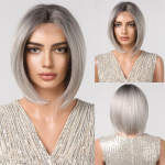 ALAN EATON Grey Ombre Sliver Straight Parukad L&uuml;hike Bob S&uuml;nteetiline Parukas Kuumakindel kiud naistele Naturaalse juuksepiiri osaga pitsist parukas