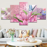 L&otilde;uendimaal 5 paneeli lilla lille liblikad maastiku l&otilde;uendi seina kunst kodukaunistus elutoa seinale pilt ilma raamita 20x35cm*2 20x45cm*2 20x55cm*1