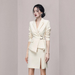 Talvine uue stiiliga naiste elegantne moodne jakk ja seelik, millel on raamid, naiste kontorinaiste seeliku&uuml;likonnad L beež