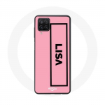 &Uuml;mbris Samsung Galaxy A12 Blackpink LISA logoga must roosa taust