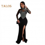 Naiste kleit, poolk&otilde;rge kaelus, pikkade varrukatega, k&uuml;ljelt poolitatud pikk kleit, v&otilde;rkkivist kividega l&otilde;hestatud maksikleit S must